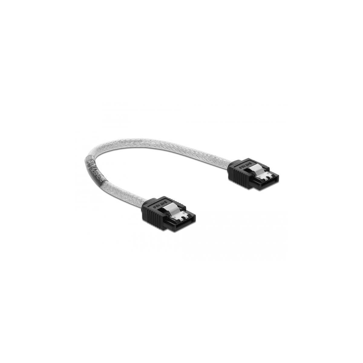 Cavo SATA argento con connettori, su sfondo bianco.
