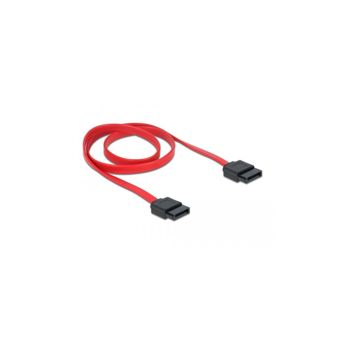 Cavo SATA rosso con connettori neri, arrotolato su sfondo bianco.