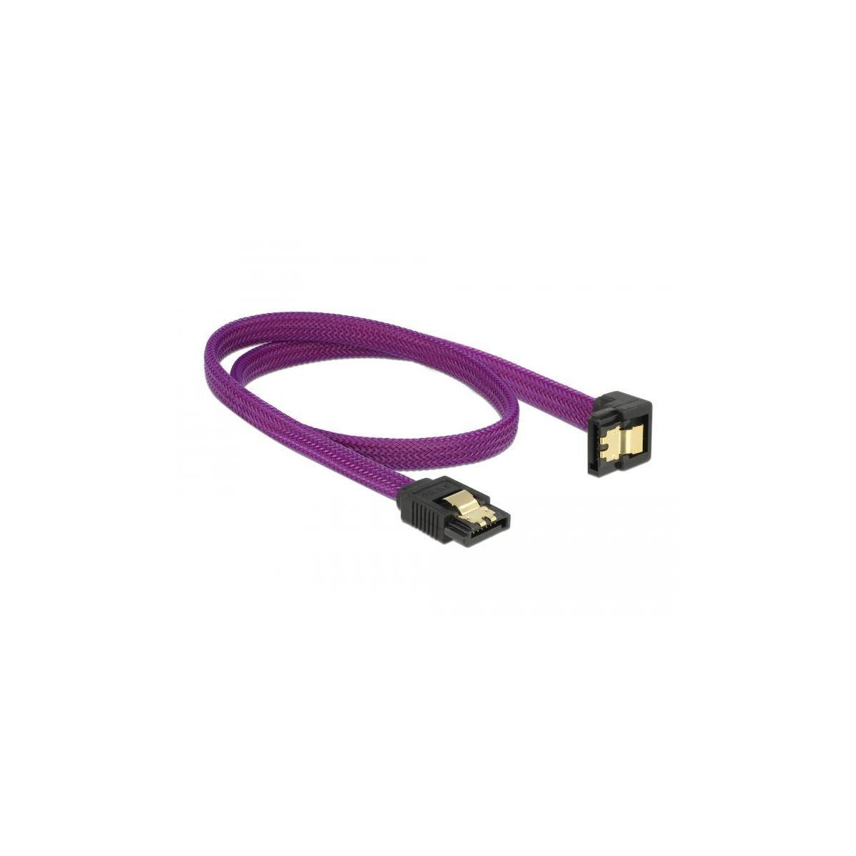Cavo SATA viola con connettori, sfondo bianco, configurazione diritta.