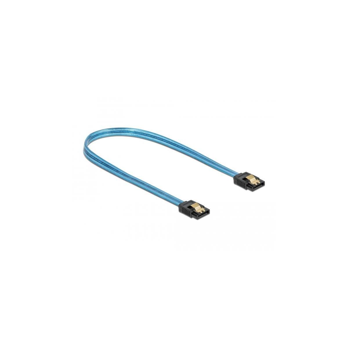 Cavo dati SATA blu su sfondo bianco, con connettori neri.