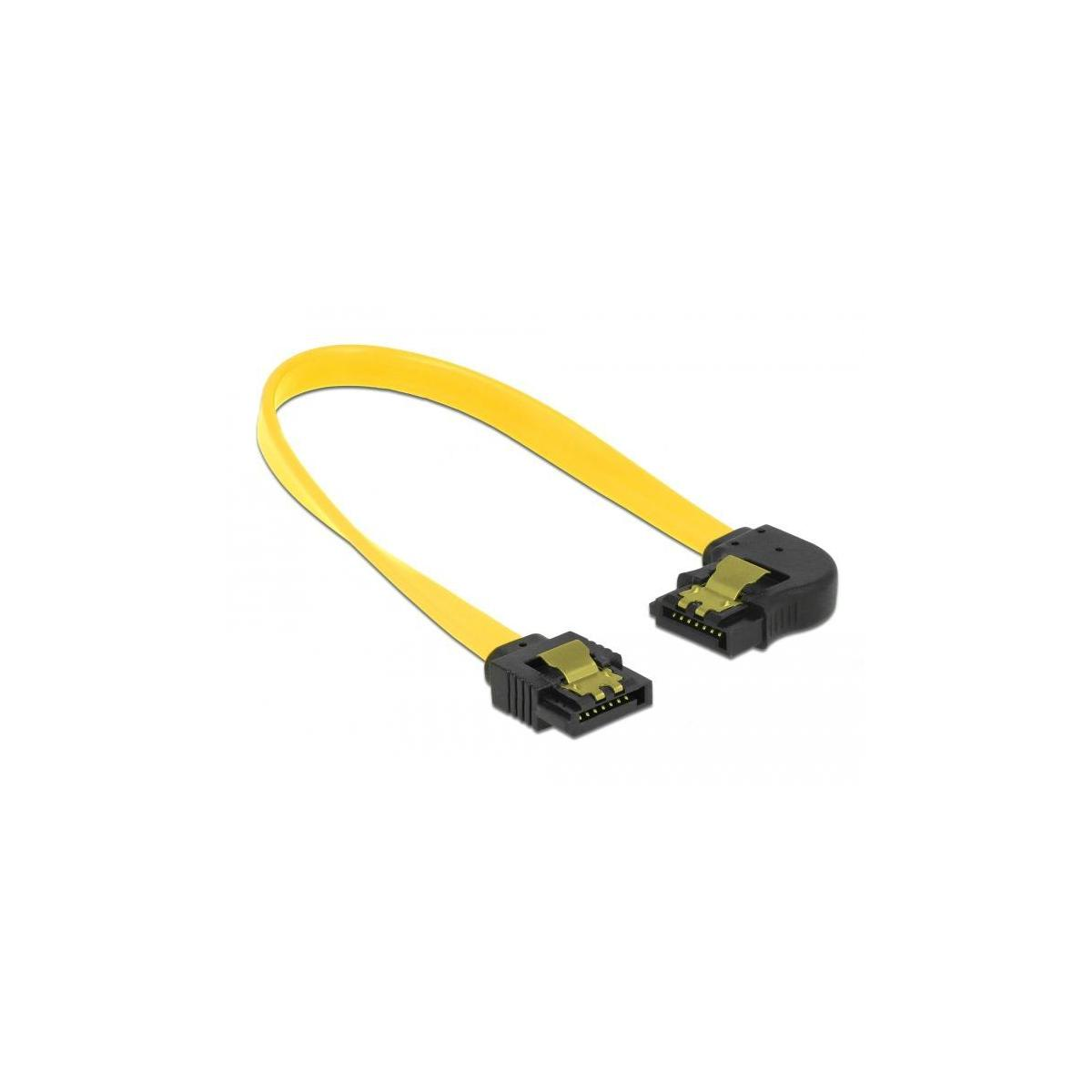 Ein gelbes SATA-Kabel mit schwarzen Anschlüssen. Das Kabel befindet sich auf weißem Hintergrund.