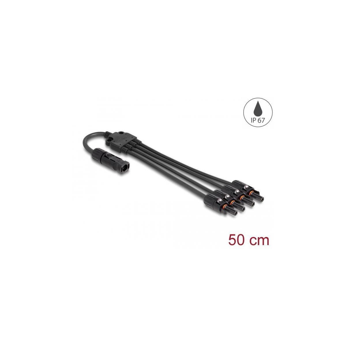 Cavo connettori pannelli solari, nero con tre connettori, etichettato IP67 e 50 cm.