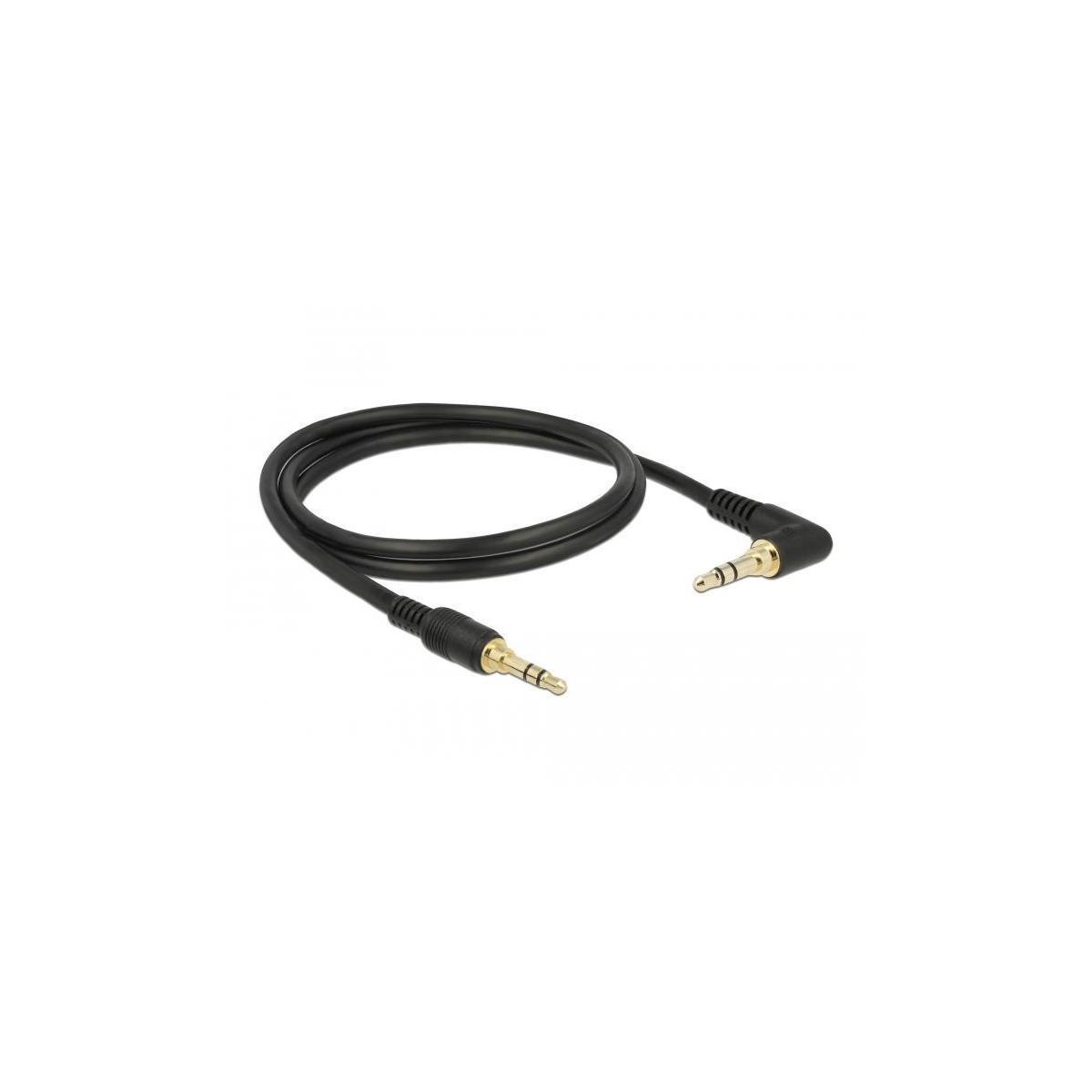 Ein schwarzes Audiokabel mit 3,5-mm-Klinken. Es ist ein gewendeltes Kabel auf weißem Hintergrund.