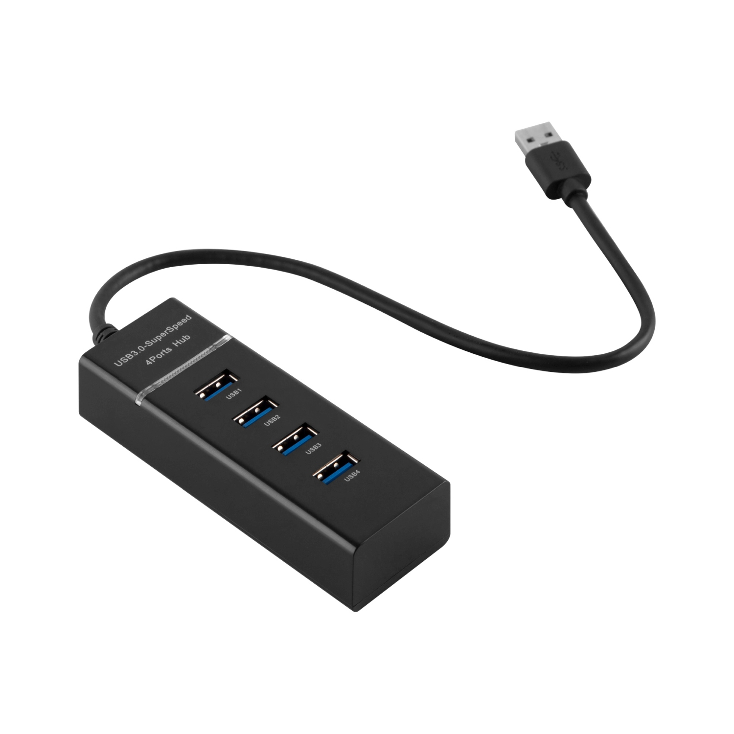 Ein schwarzer USB-Hub mit 4 Anschlüssen und einem angeschlossenen USB-Kabel, auf weißem Hintergrund.