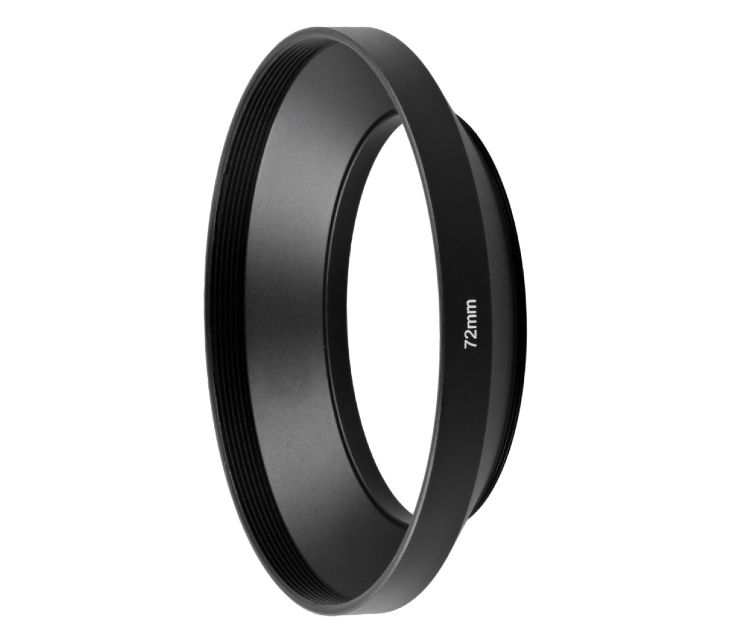 Eine schwarze Sonnenblende mit einer 72mm-Markierung. Sie hat eine zylindrische Form mit einem ausgestellten Rand.