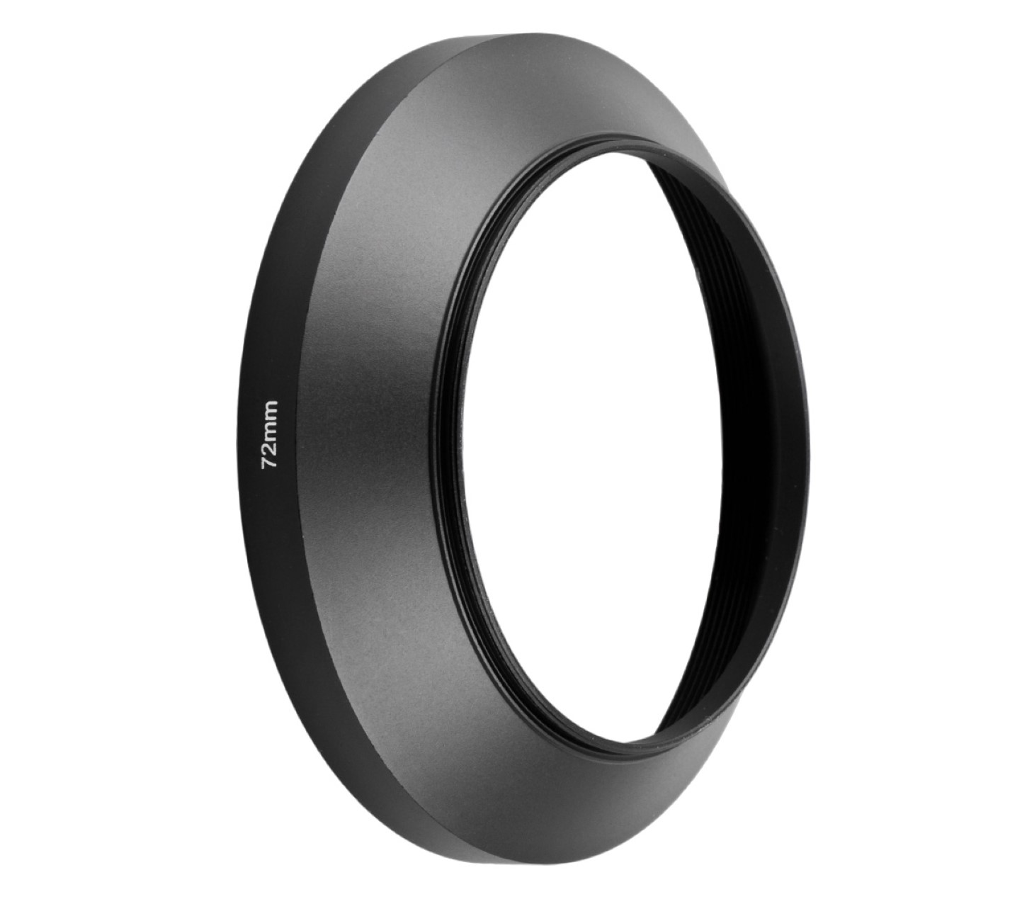 Schwarze Objektivsonnenblende mit 72mm Markierung. Abgewinkelte Seiten, kreisförmig.