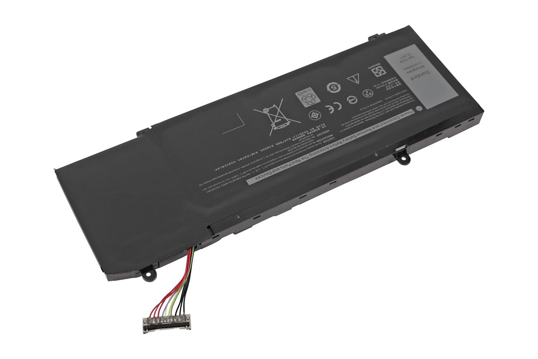 Laptop-Akku, schwarz mit Etiketten und Markierungen. Stecker und Drähte sind sichtbar.
