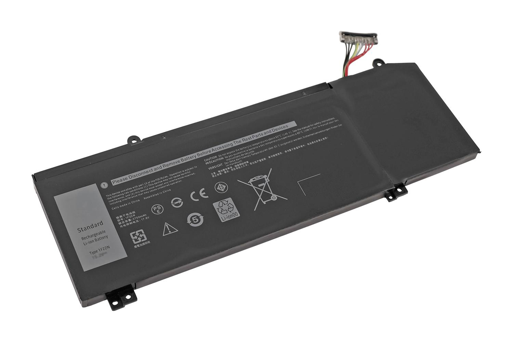Ein Laptop-Akku mit Text und Etiketten wird vor weißem Hintergrund leicht angewinkelt gezeigt.