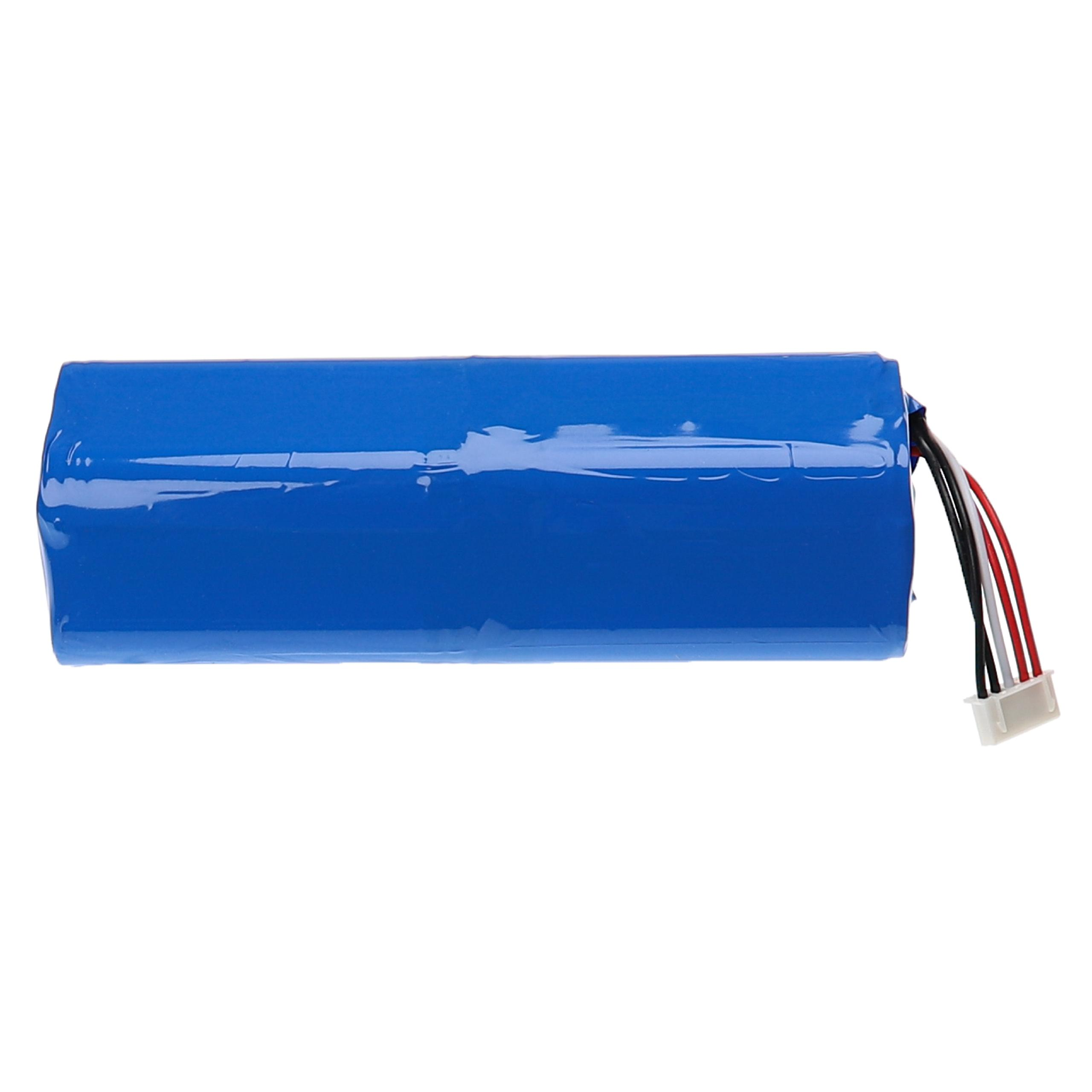 Blauer Akkupack, zylindrisch, mit mehreren Drähten und einem weißen Stecker am Ende.