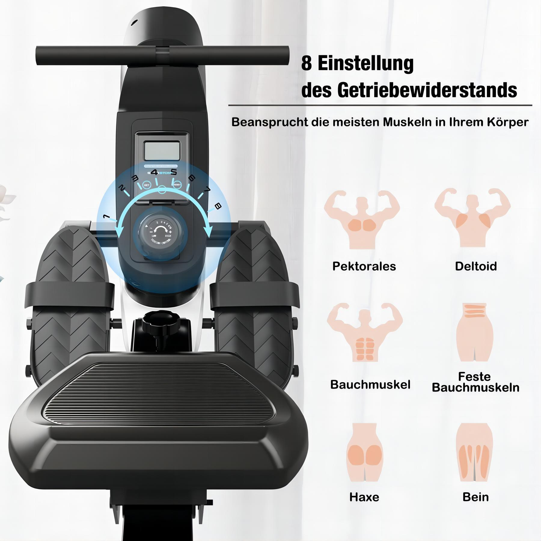 Rudergerät mit Digitalanzeige, zeigt Muskelgruppen. Text auf Deutsch. Weißer Hintergrund.