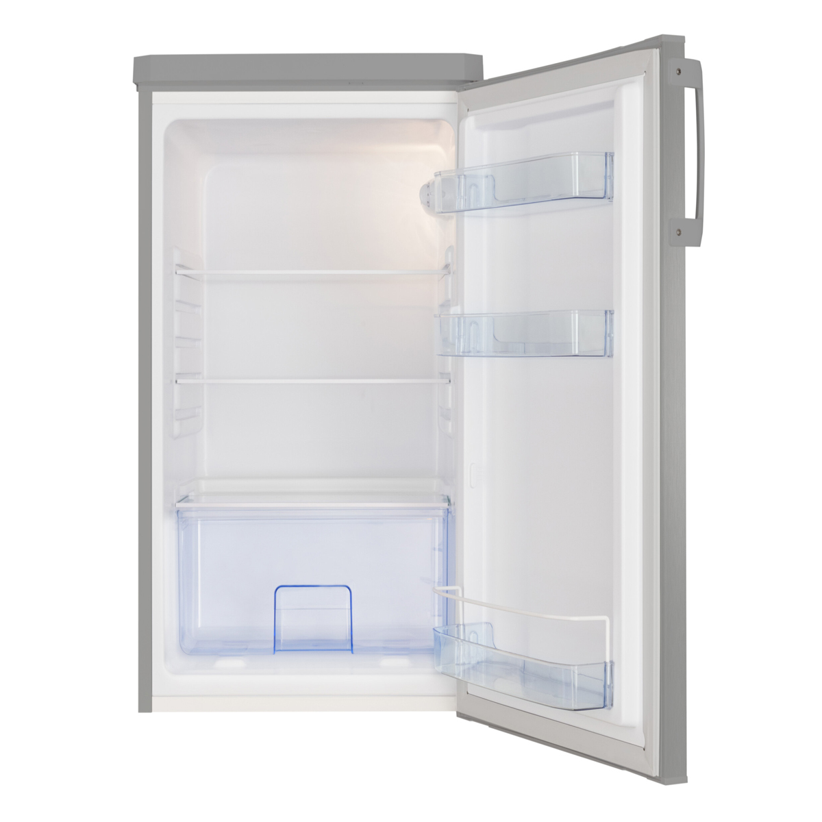 Leerer offener Kühlschrank mit Regalen und einer Schublade. Silberner Rahmen und weißer Innenraum.