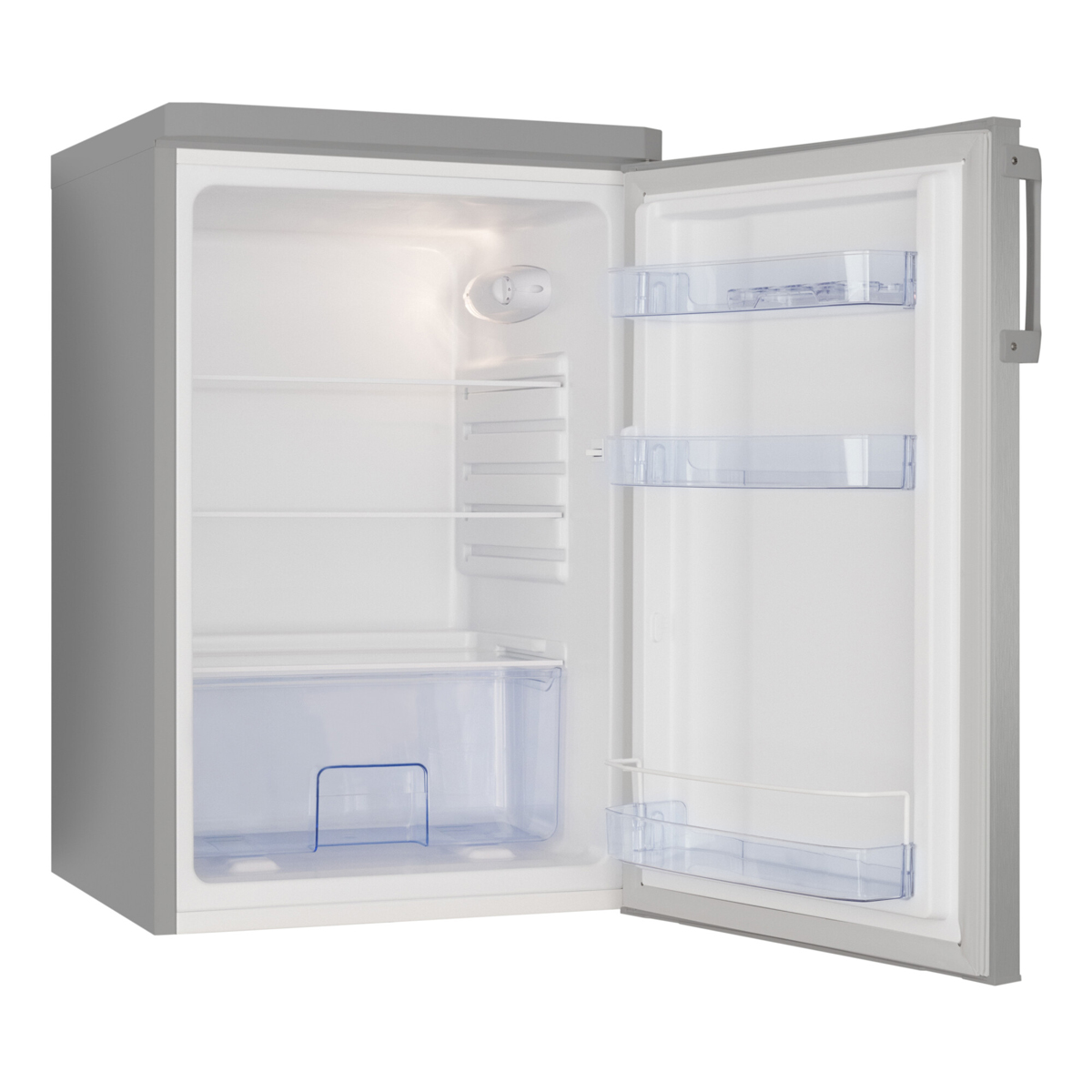 Ein kleiner, offener Kühlschrank mit Regalen und einer Schublade. Weißer Innenraum. Grauer Außenbereich.
