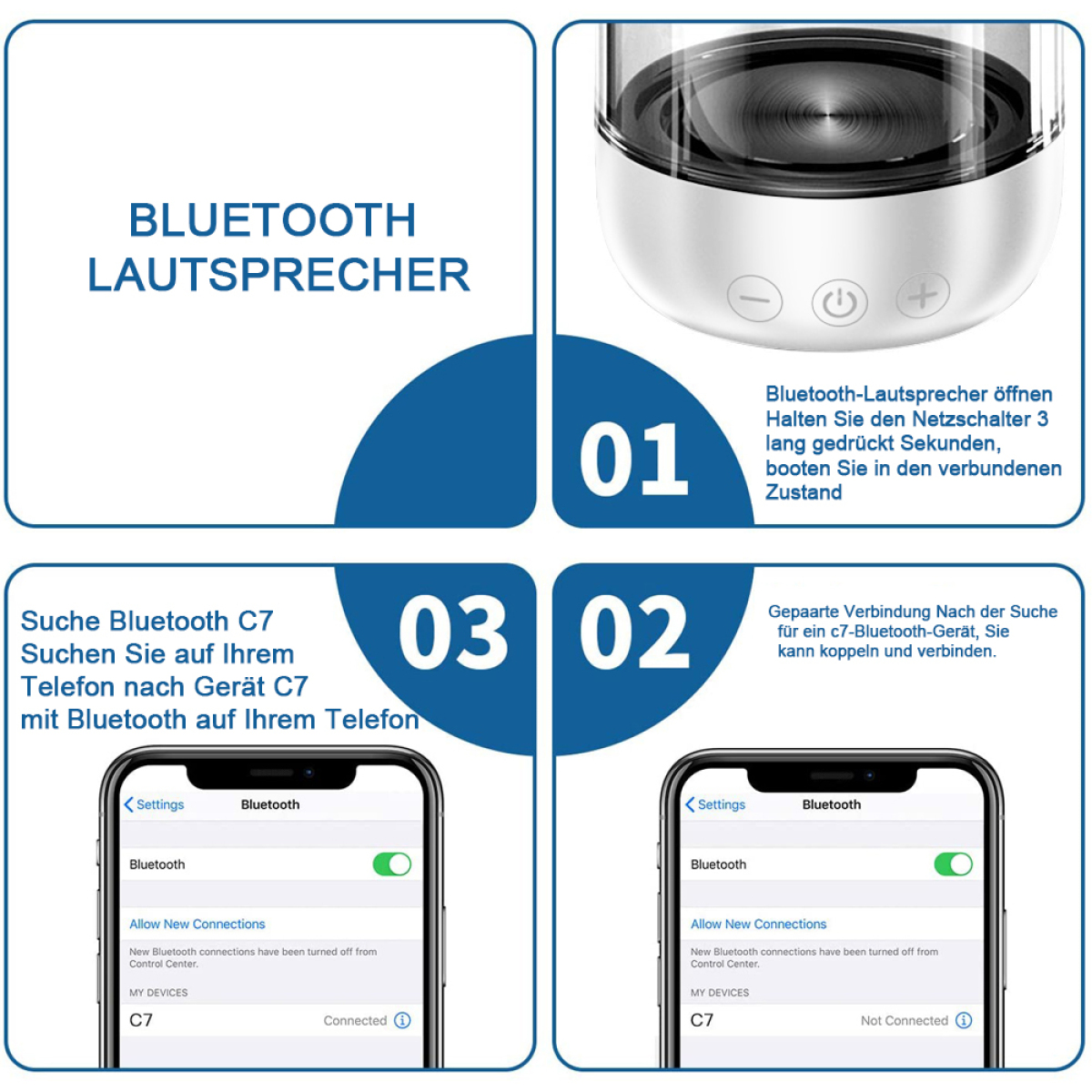 Anleitung zur Einrichtung eines Bluetooth-Lautsprechers mit Screenshots.