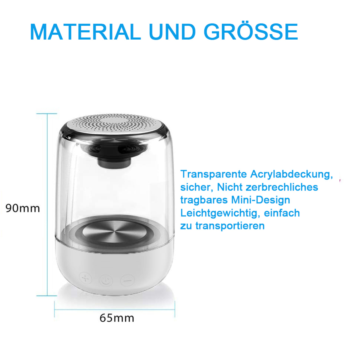 Weißer und transparenter Lautsprecher. Text über Größe und Eigenschaften. Weißer Hintergrund.
