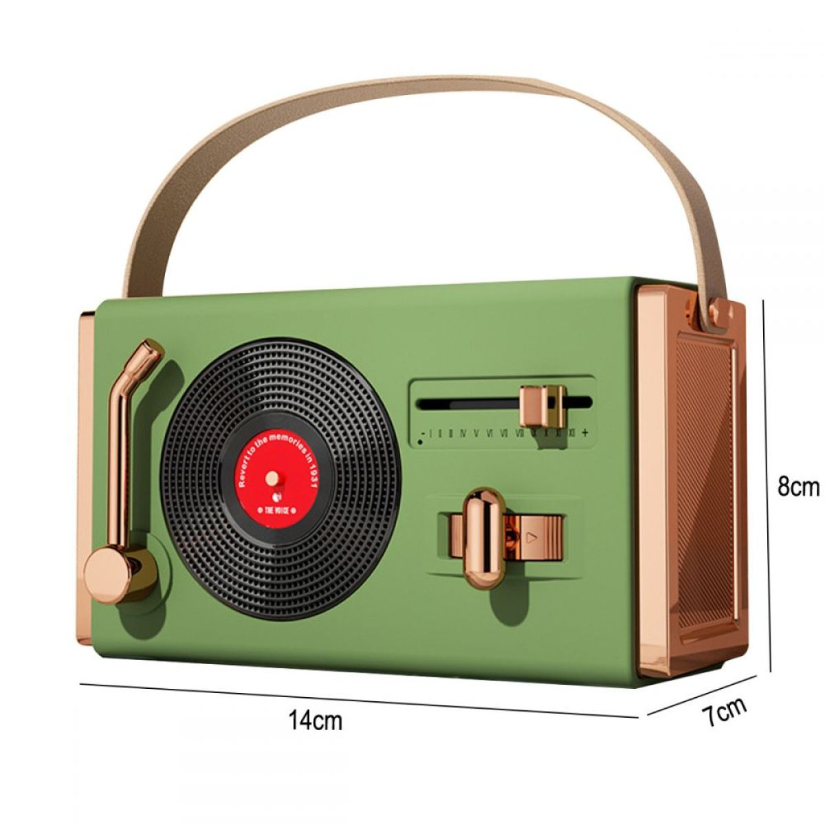 Grünes Radio im Retro-Stil mit Griff. Es hat ein schwarzes, plattenähnliches Zifferblatt und goldene Akzente.