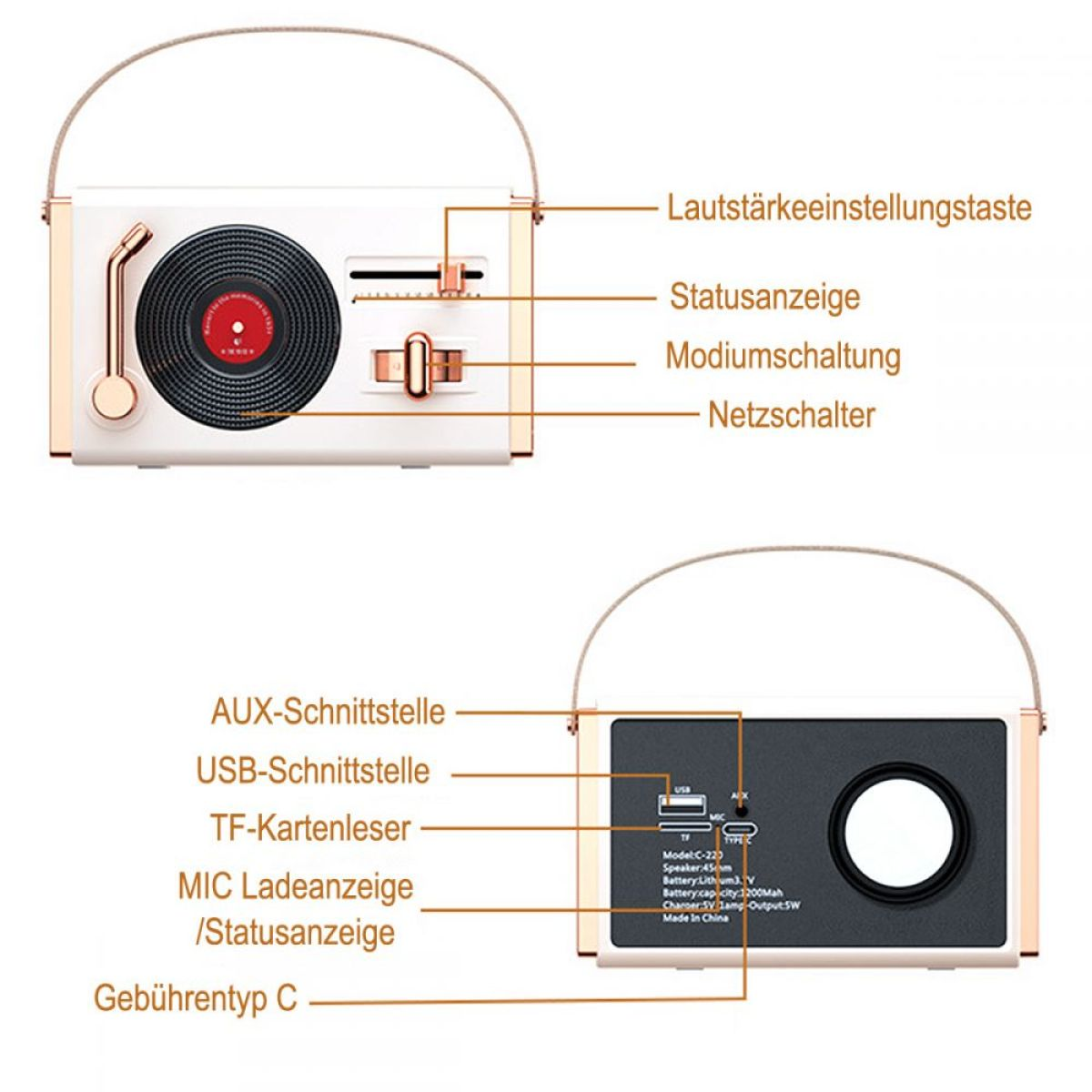 Weißer und roségoldfarbener Lautsprecher im Retro-Stil mit Etiketten und Knöpfen. Hat eine obere und hintere Ansicht.