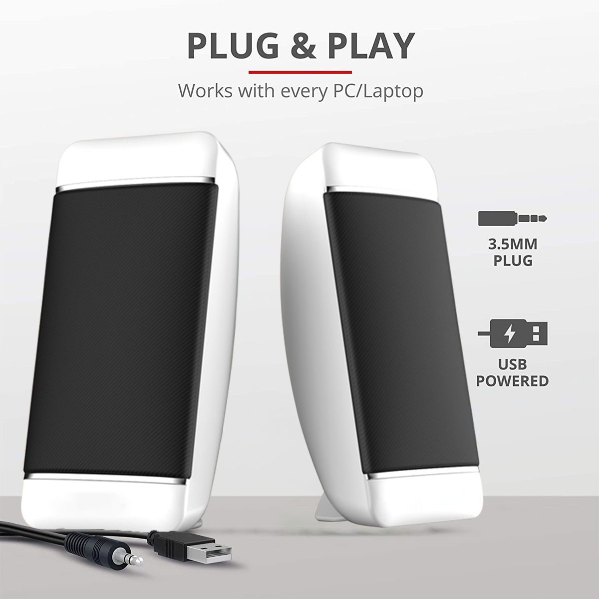 Zwei weiße Lautsprecher mit schwarzem Mesh, ein USB- und 3,5-mm-Stecker und Text.