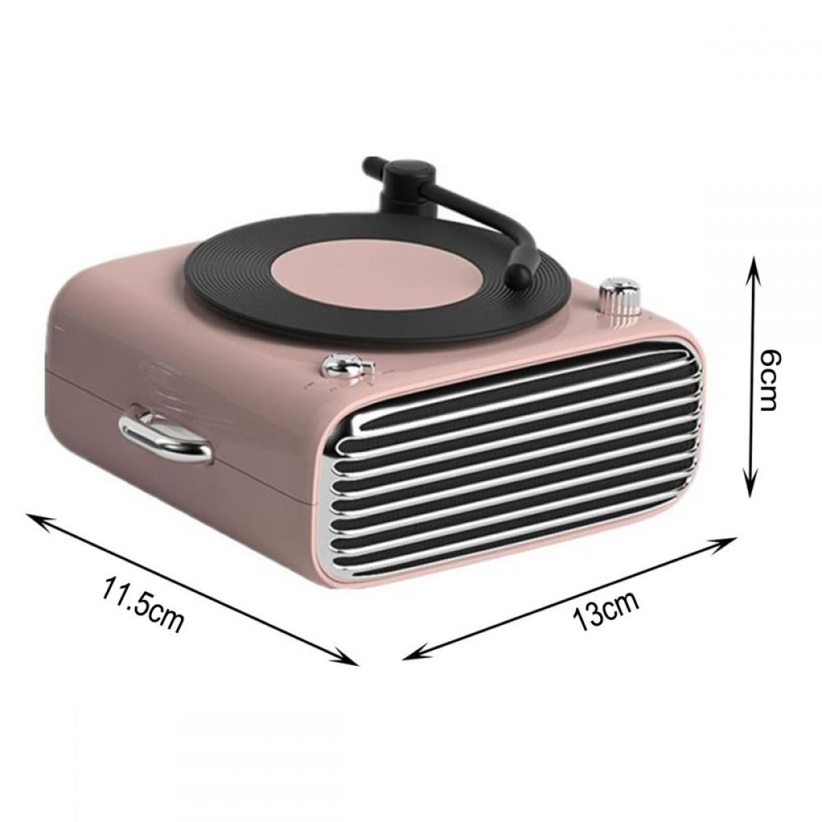 Ein pinkfarbener Lautsprecher im Retro-Stil mit Maßen, schwarzem Lautsprechergrill und Plattenspieler.