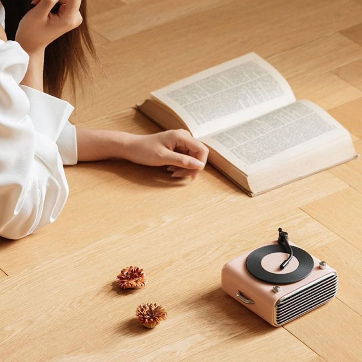 Ein rosa Lautsprecher im Retro-Stil mit Schallplatte, neben einem Buch und Trockenblumen auf Holz.