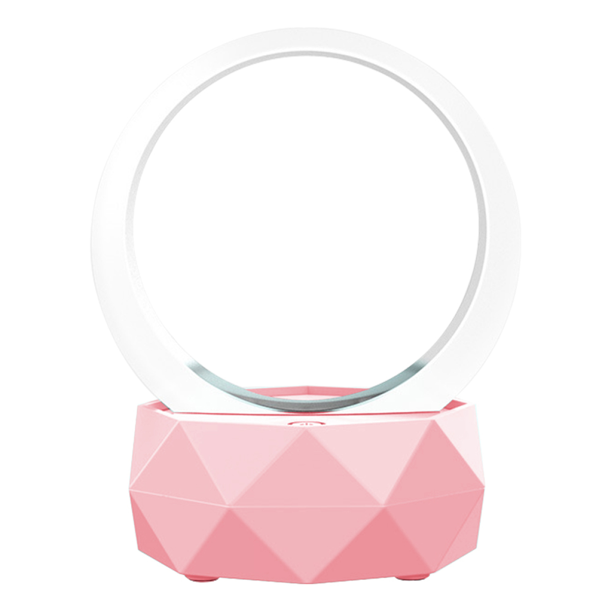 Rosa Lampe mit kreisförmigem Licht und geometrischem Sockel. Weißer Hintergrund.