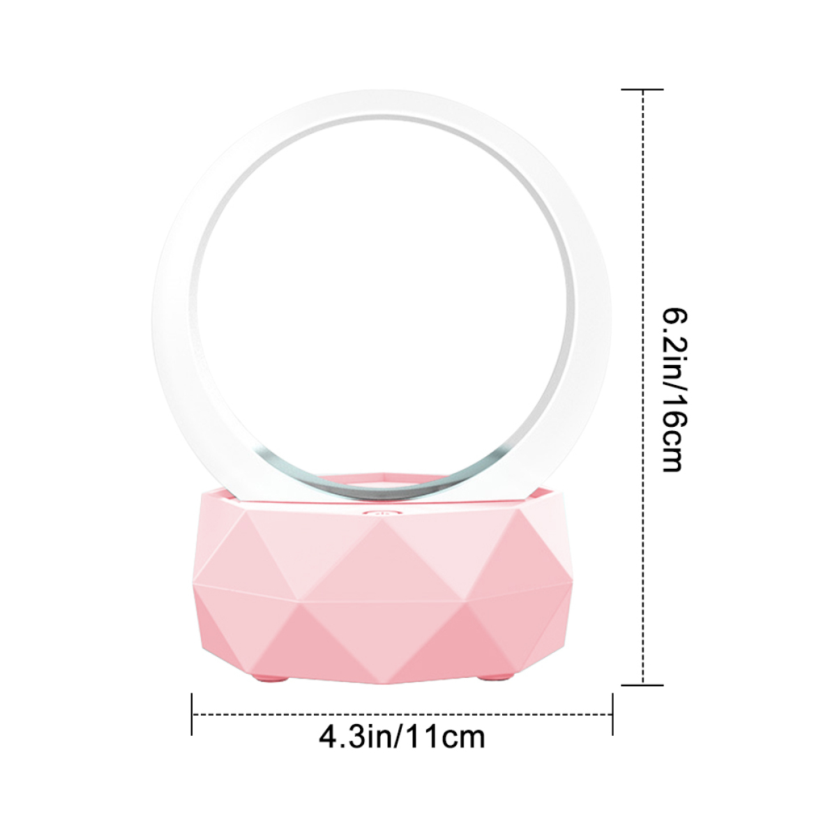 Rosa-weiße Tischlampe mit rundem Licht. Sie hat einen rosa, geometrischen Sockel und Maße.