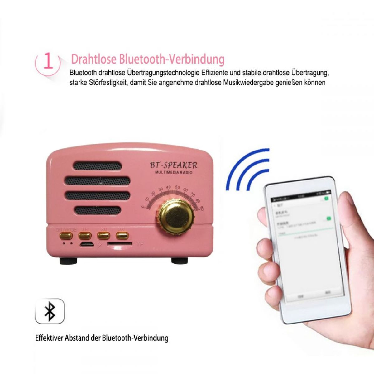 Rosa Retro-Radio mit Smartphone, das eine Bluetooth-Verbindung anzeigt.