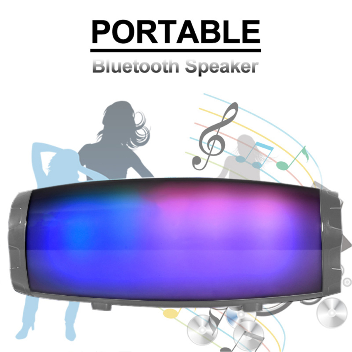 Tragbarer Bluetooth-Lautsprecher mit Lichtern und Silhouetten tanzender Figuren.