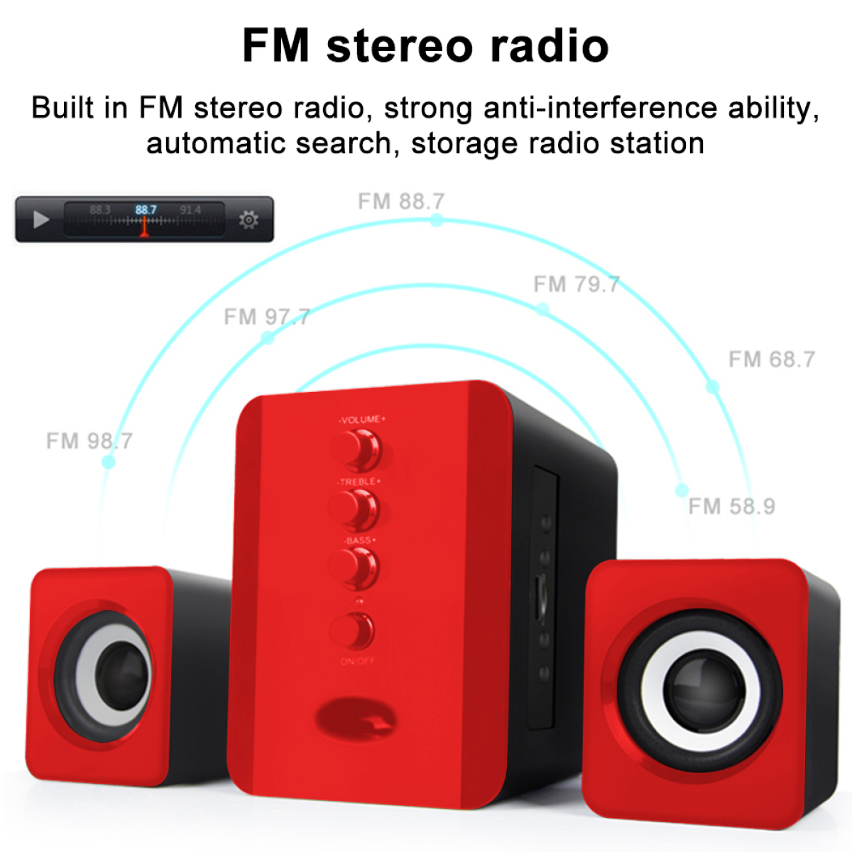 Rotes und schwarzes UKW-Stereo-Radio mit Lautsprechern. Mehrere Radiofrequenzen werden angezeigt. Weißer Hintergrund.