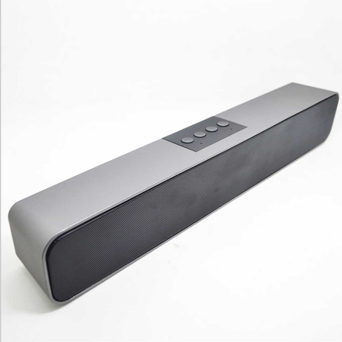Grauer Soundbar-Lautsprecher mit schwarzem Lautsprechergrill und vier Bedientasten.
