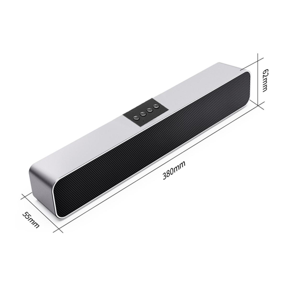 Silberner rechteckiger Lautsprecher mit schwarzem Mesh. Hat vier Knöpfe und Maße: 380mm x 62mm x 55mm.
