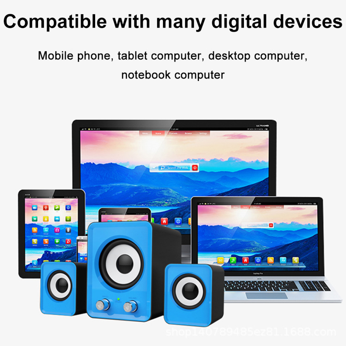 Mehrere Bildschirme mit einer Vielzahl von Geräten, darunter ein Telefon, Tablets und Computer, mit blauen Lautsprechern.