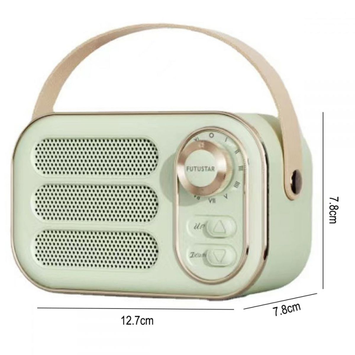 Ein mintgrünes Radio im Retro-Stil mit Griff, Drehknopf und Tasten.