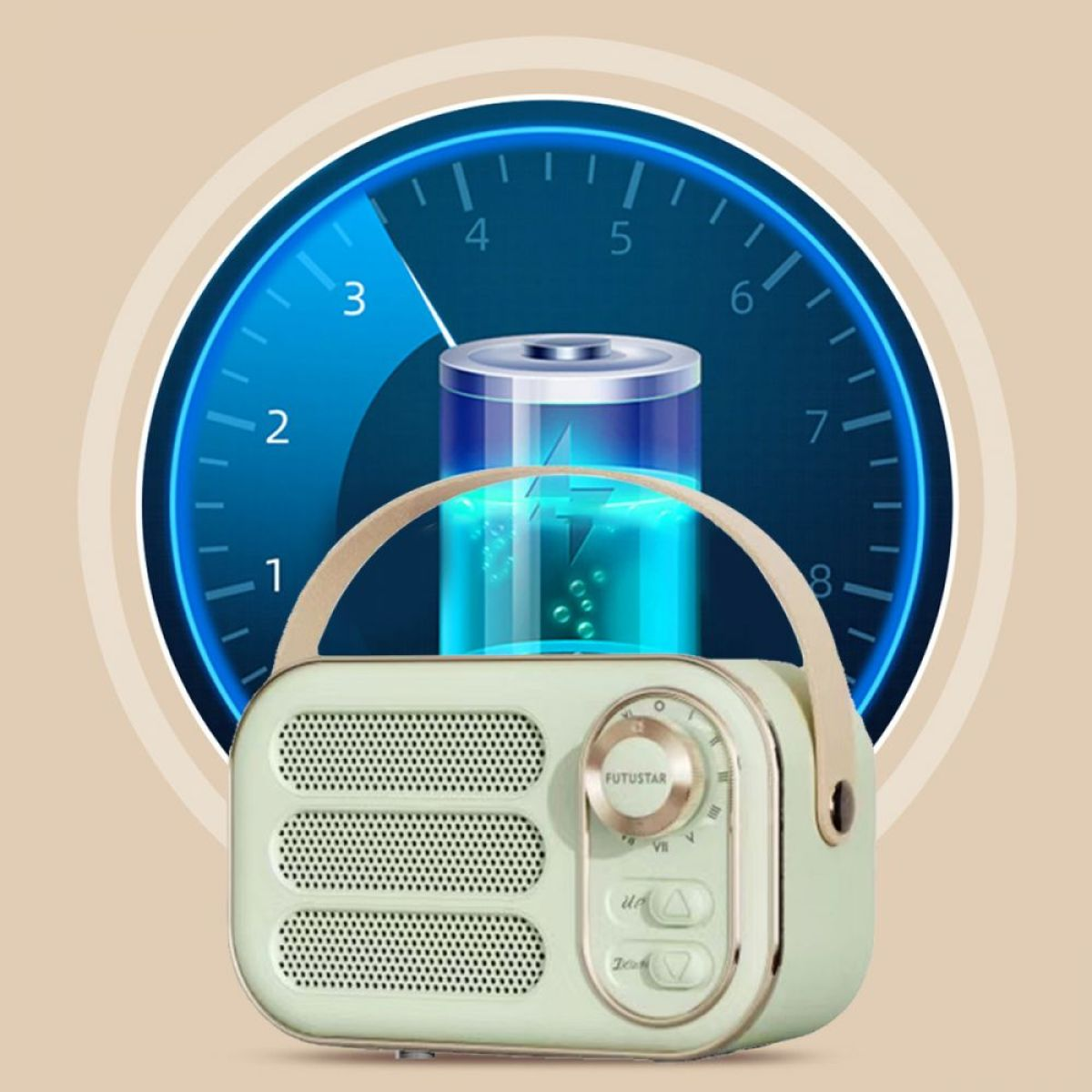 Ein Radio im Retro-Stil mit Griff, Messgerät und Batteriesymbol.