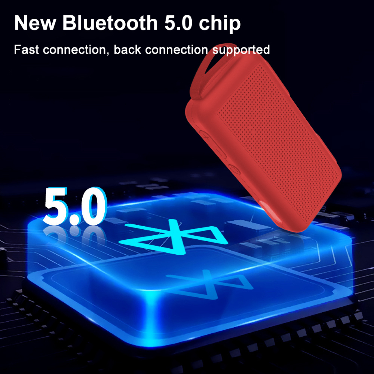 Ein roter Bluetooth-Lautsprecher mit einer blauen Grafik von Bluetooth und einem 5.0-Logo.