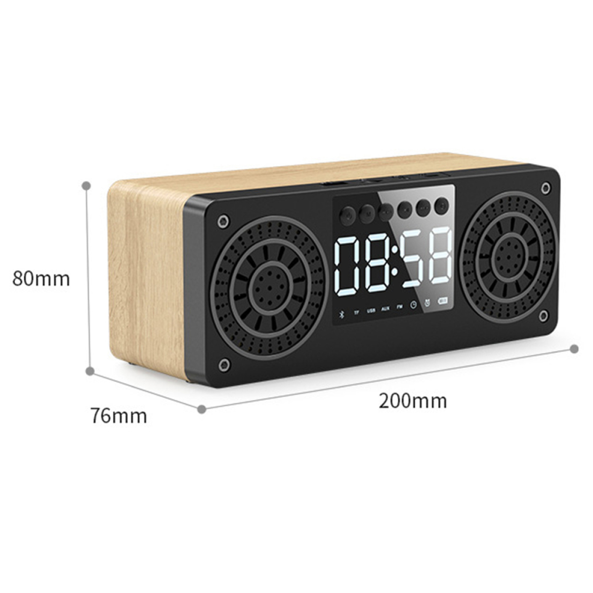 Rechteckiger Holz-Lautsprecher mit Digitaluhr-Anzeige und Bedientasten.