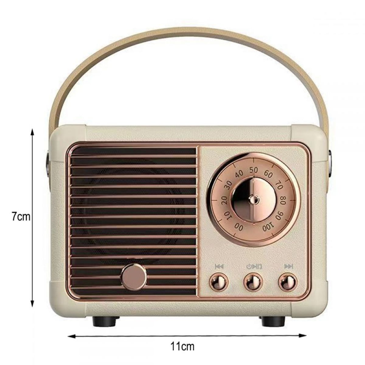 Ein Radio im Retro-Stil mit Griff. Es ist cremefarben und goldfarben mit den Maßen 7 cm x 11 cm.