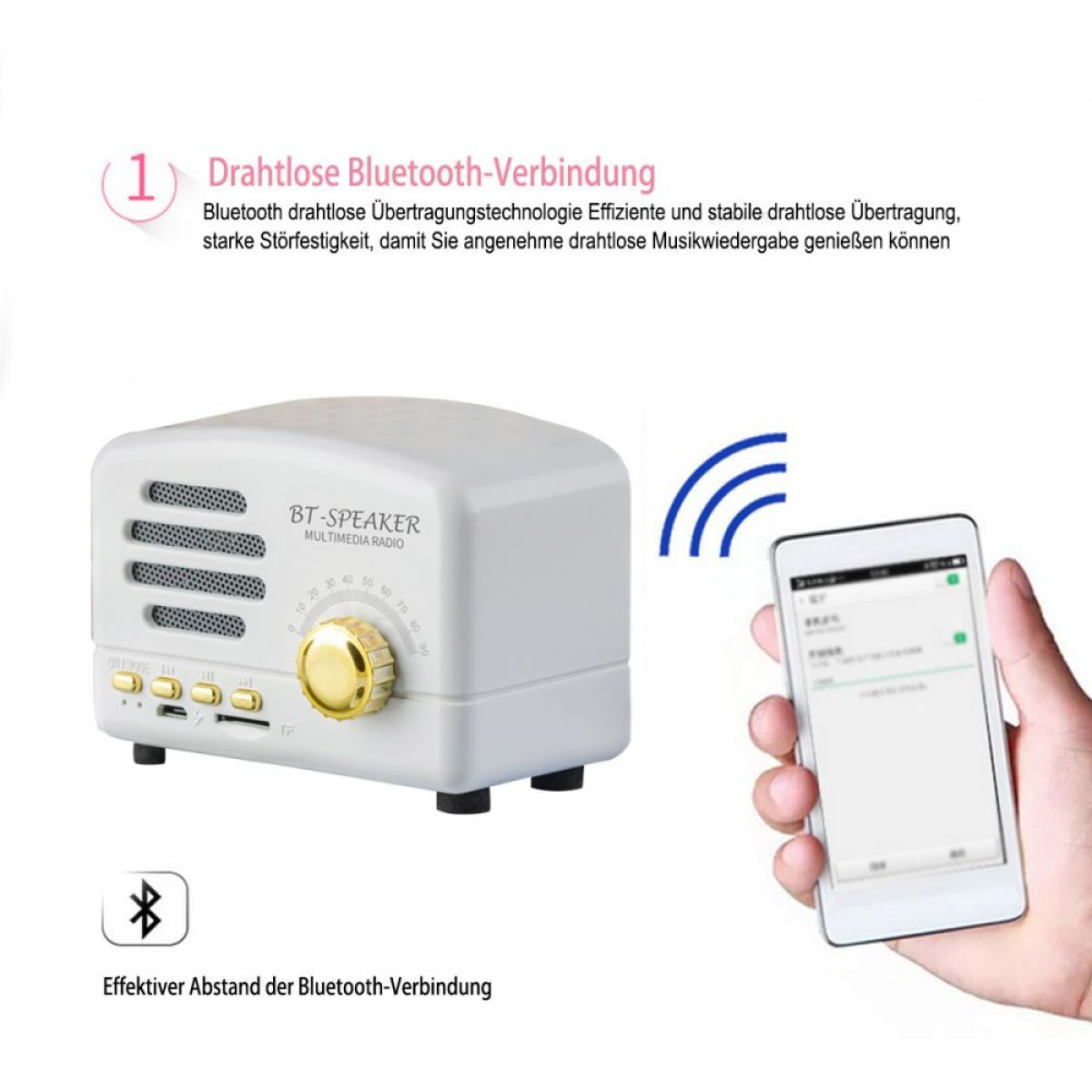 Ein weißer Retro-Lautsprecher mit einem Smartphone, das ein Bluetooth-Symbol anzeigt. Text: Bluetooth-Verbindung.