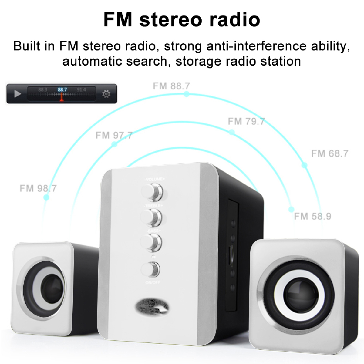 Stereo-Radio mit Lautsprechern. Regler für Lautstärke, Ein/Aus und Sender sind sichtbar.