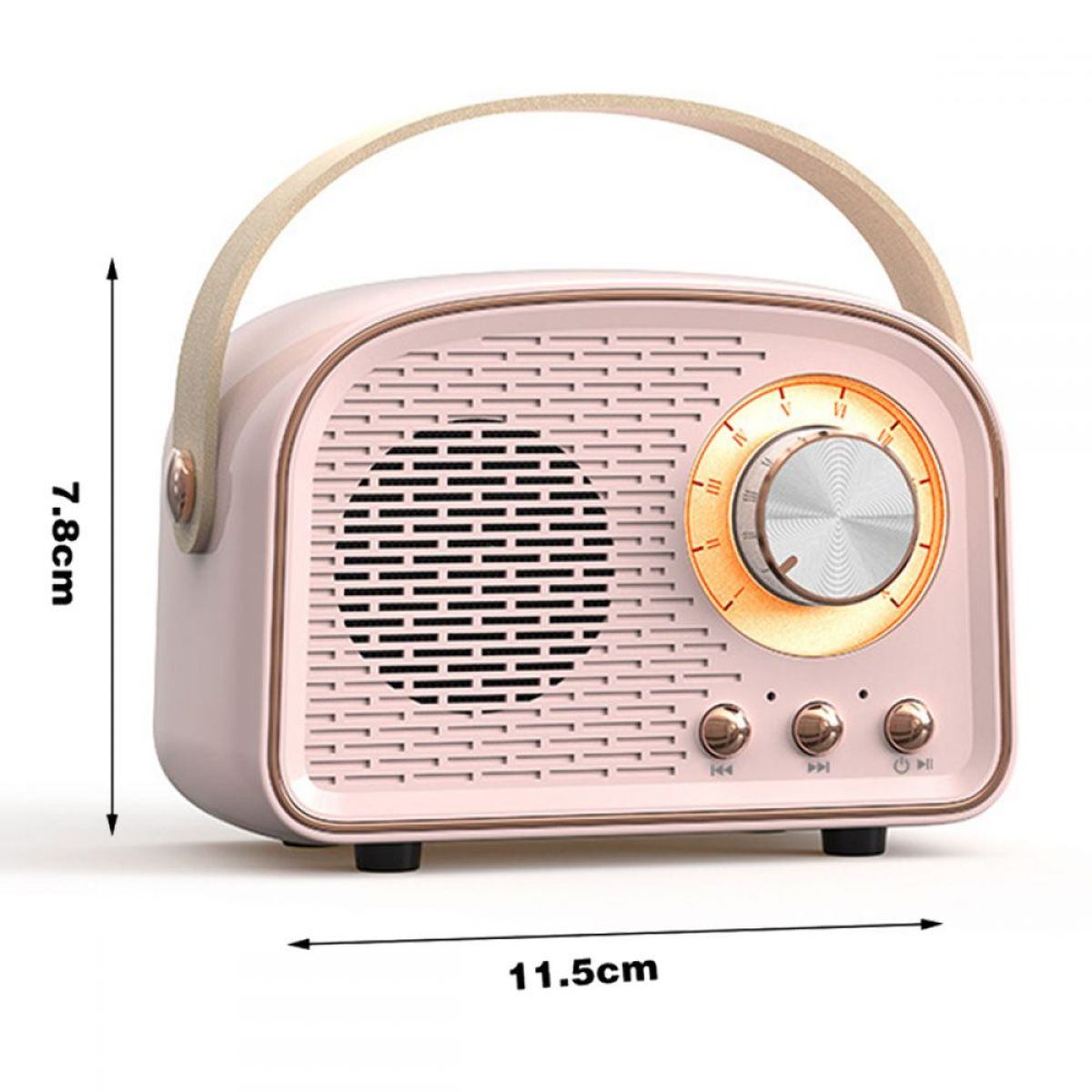 Rosa Retro-Radio mit Griff. Mit rundem Lautsprecher und Knöpfen. Abmessungen sind angegeben.