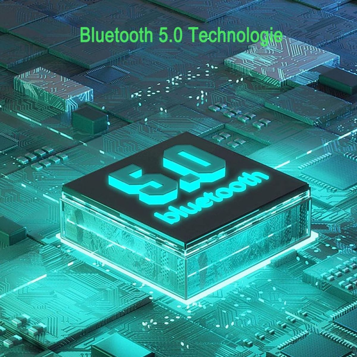 Nahaufnahme einer schwarzen Box mit 5.0 Bluetooth-Logo, umgeben von einer Leiterplatte.