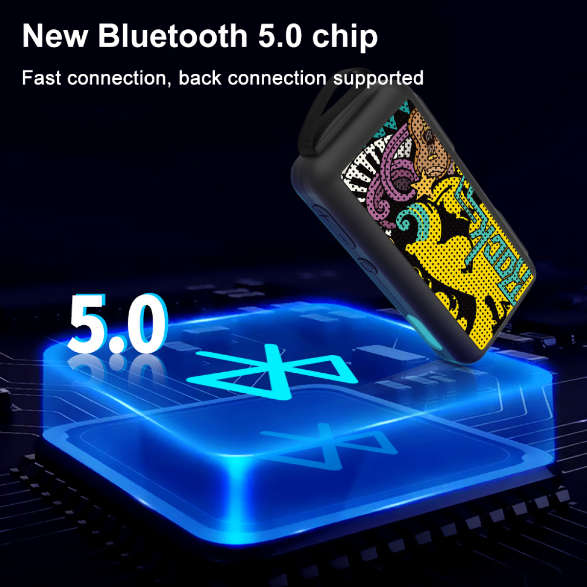 Ein schwarzer und farbenfroher Bluetooth-Lautsprecher mit Text, der Bluetooth 5.0 anzeigt.
