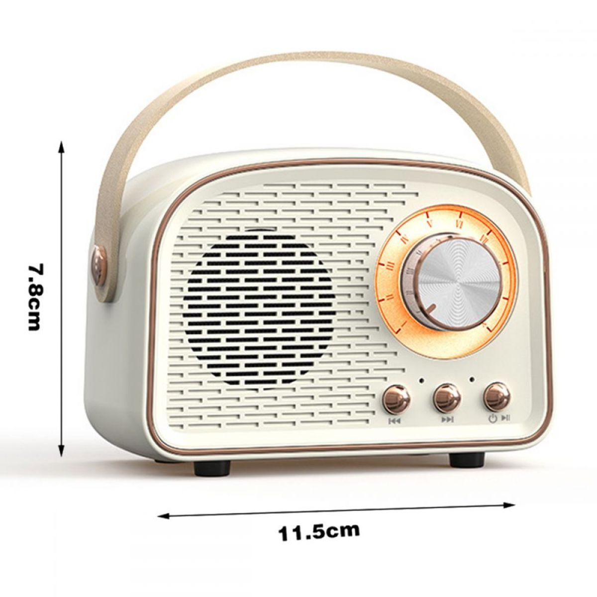 Weißes und goldenes Retro-Radio mit Griff und drei Knöpfen. Misst 7,8 cm x 11,5 cm.