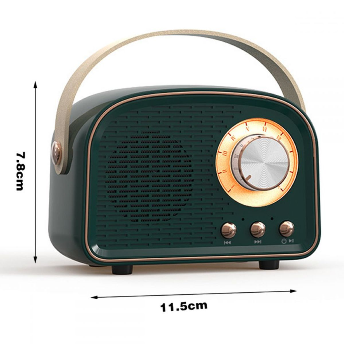 Ein grünes Retro-Radio mit Griff. Das Radio ist grün mit einem cremefarbenen Drehknopf und Knöpfen.
