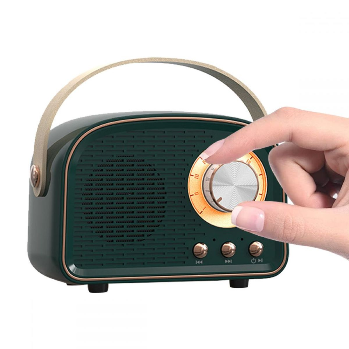 Grünes Retro-Radio, bei dem eine Hand den Lautstärkeregler einstellt.