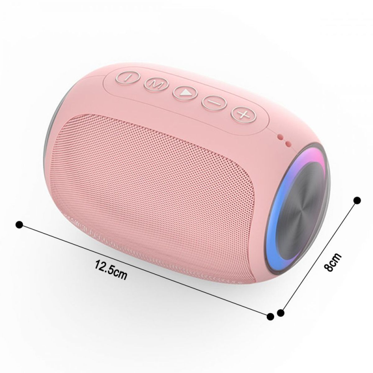 Ein rosa, oval geformter Lautsprecher mit Knöpfen oben. Es hat einen Lichtring am Ende und Abmessungen.