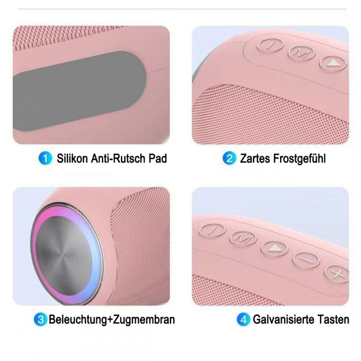 Rosa Lautsprecher mit vier Detailansichten: Silikon-Pad, mattes Gefühl, Beleuchtung und Tasten.
