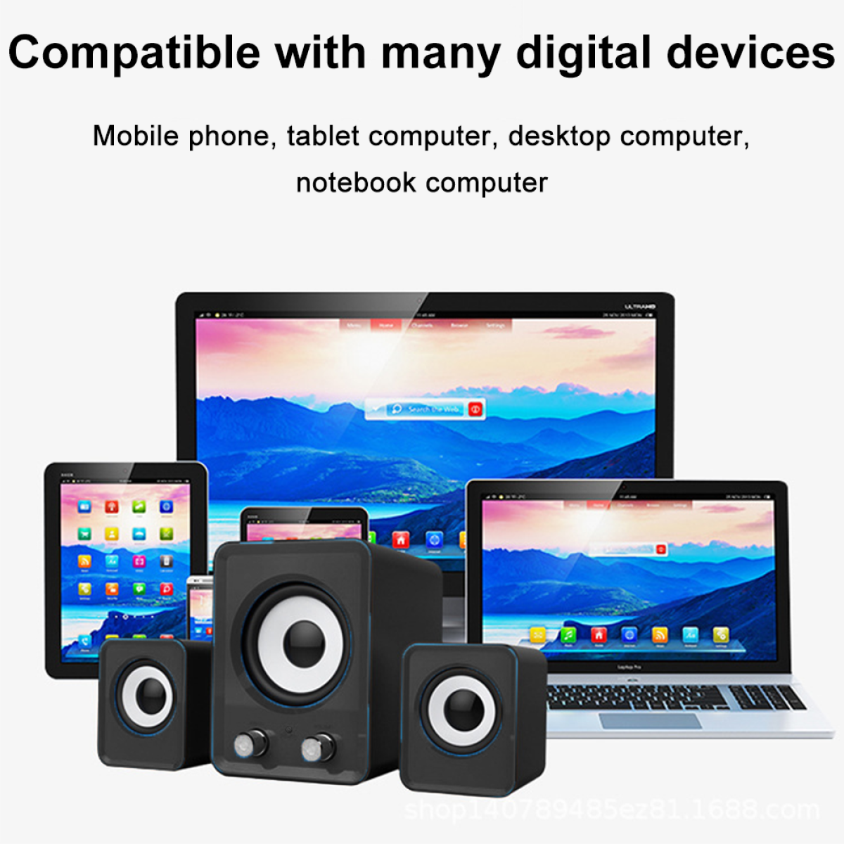 Verschiedene digitale Geräte wie Lautsprecher, Tablets und Laptops auf weißem Hintergrund.