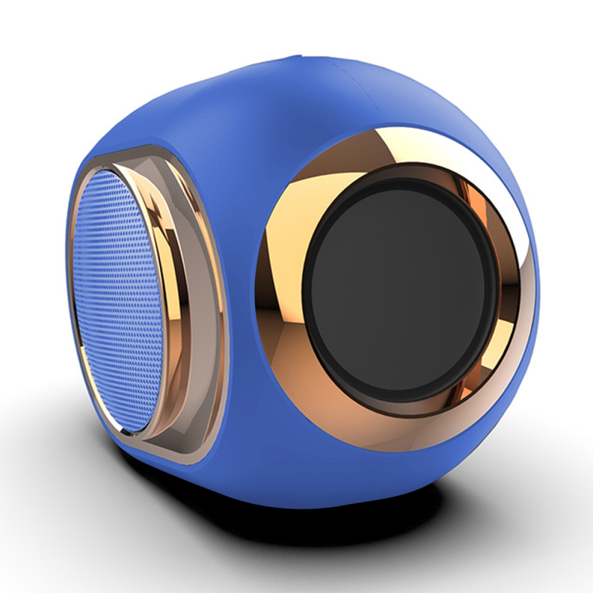 Ein blau-goldener Lautsprecher mit einem Netzgitter auf einer Seite und einem goldgerahmten Lautsprecher auf der anderen.
