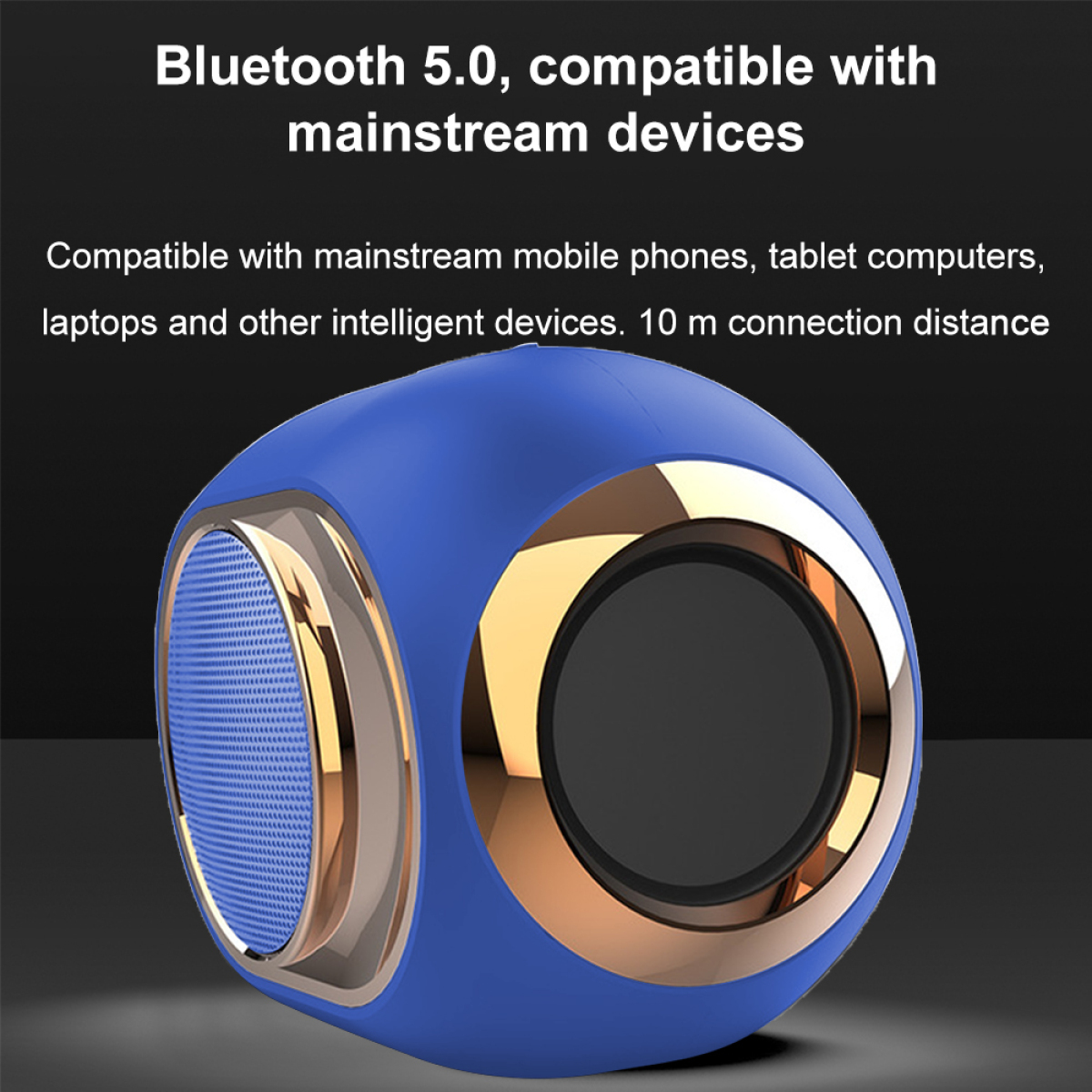Blau-goldener Lautsprecher. Text: Bluetooth 5.0, kompatibel mit Mainstream-Geräten.