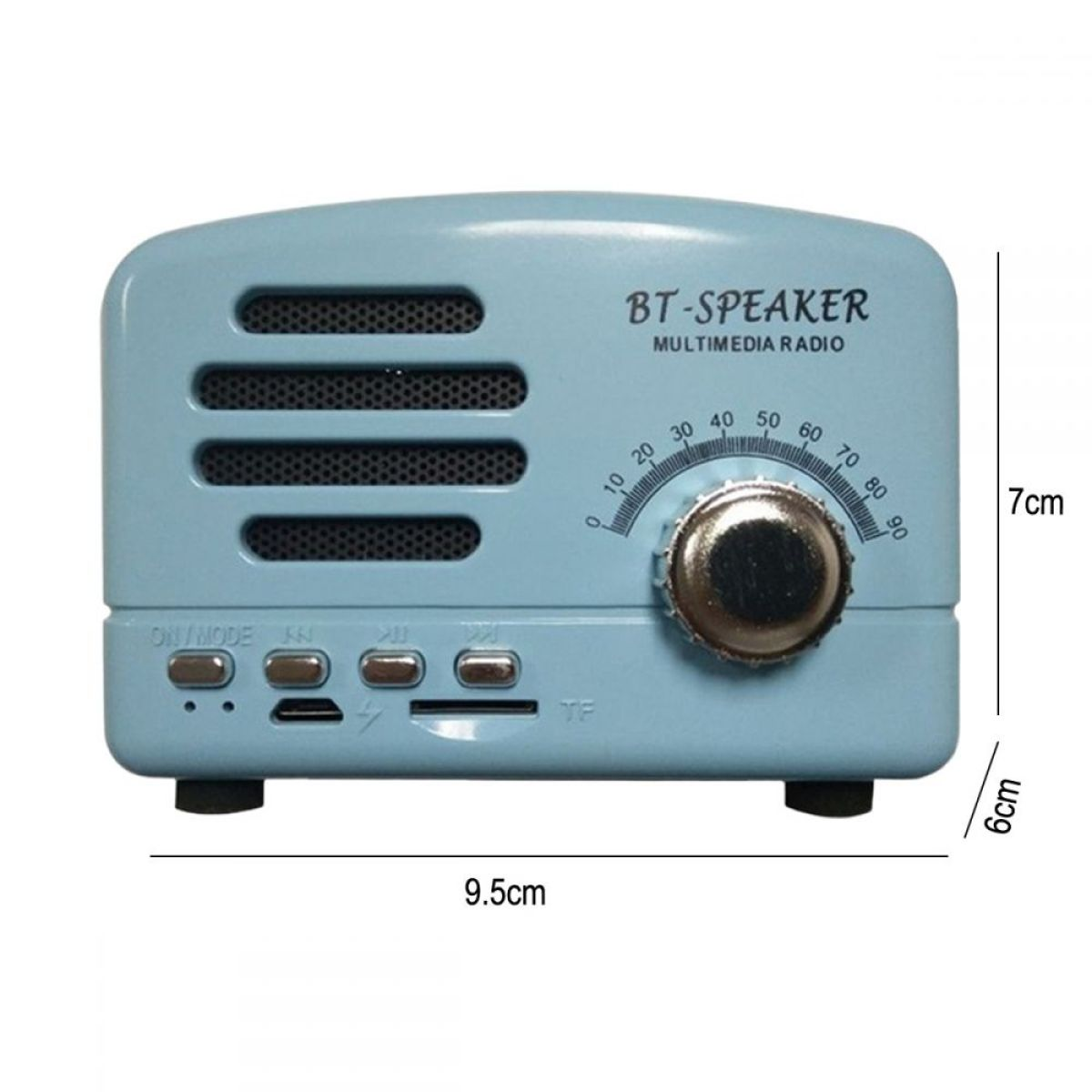 Kleines, hellblaues Retro-Radio mit Drehregler und Funktionstasten.